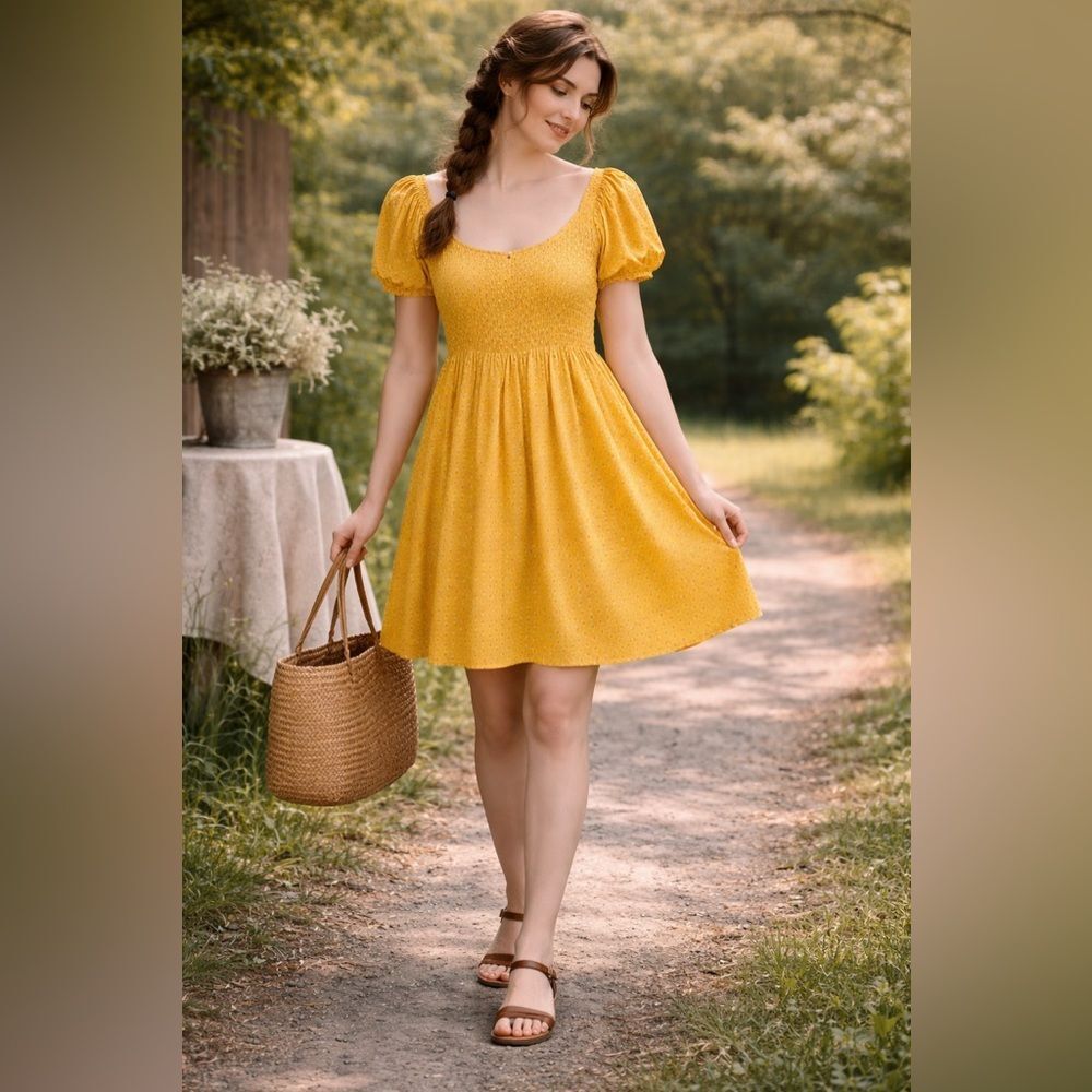 AUW AS U Wish Yellow Floral Print Smock Dress Size Large